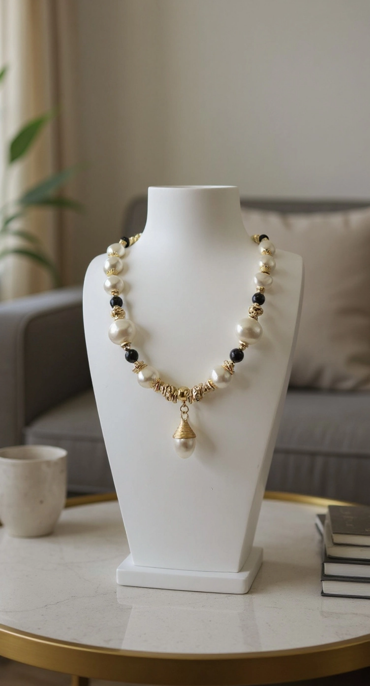 Collier en perles de culture baroque et onyx