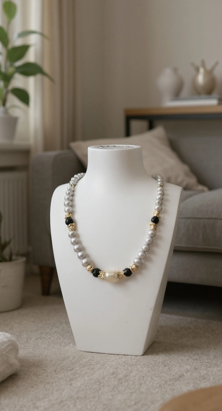 Collier perles de culture grises et Emeraude