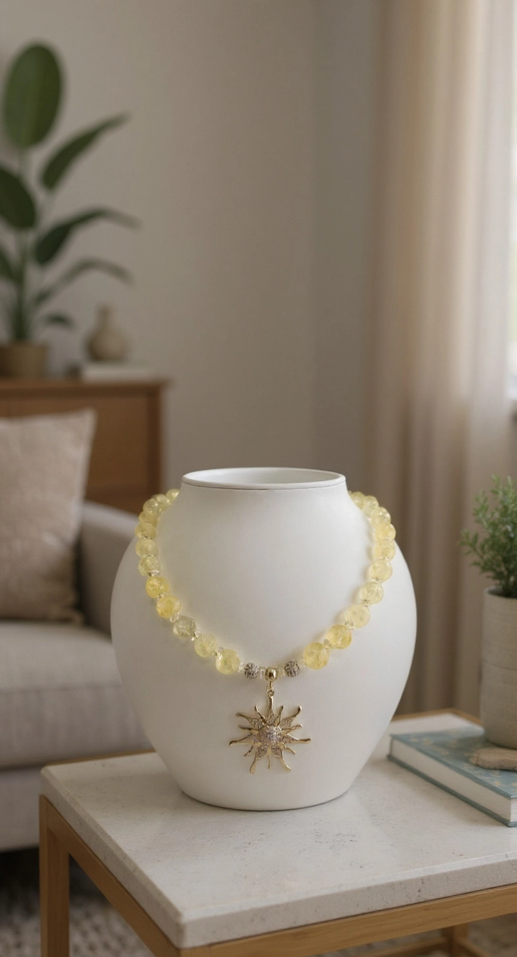 Collier en citrine et pendentif soleil avec strass