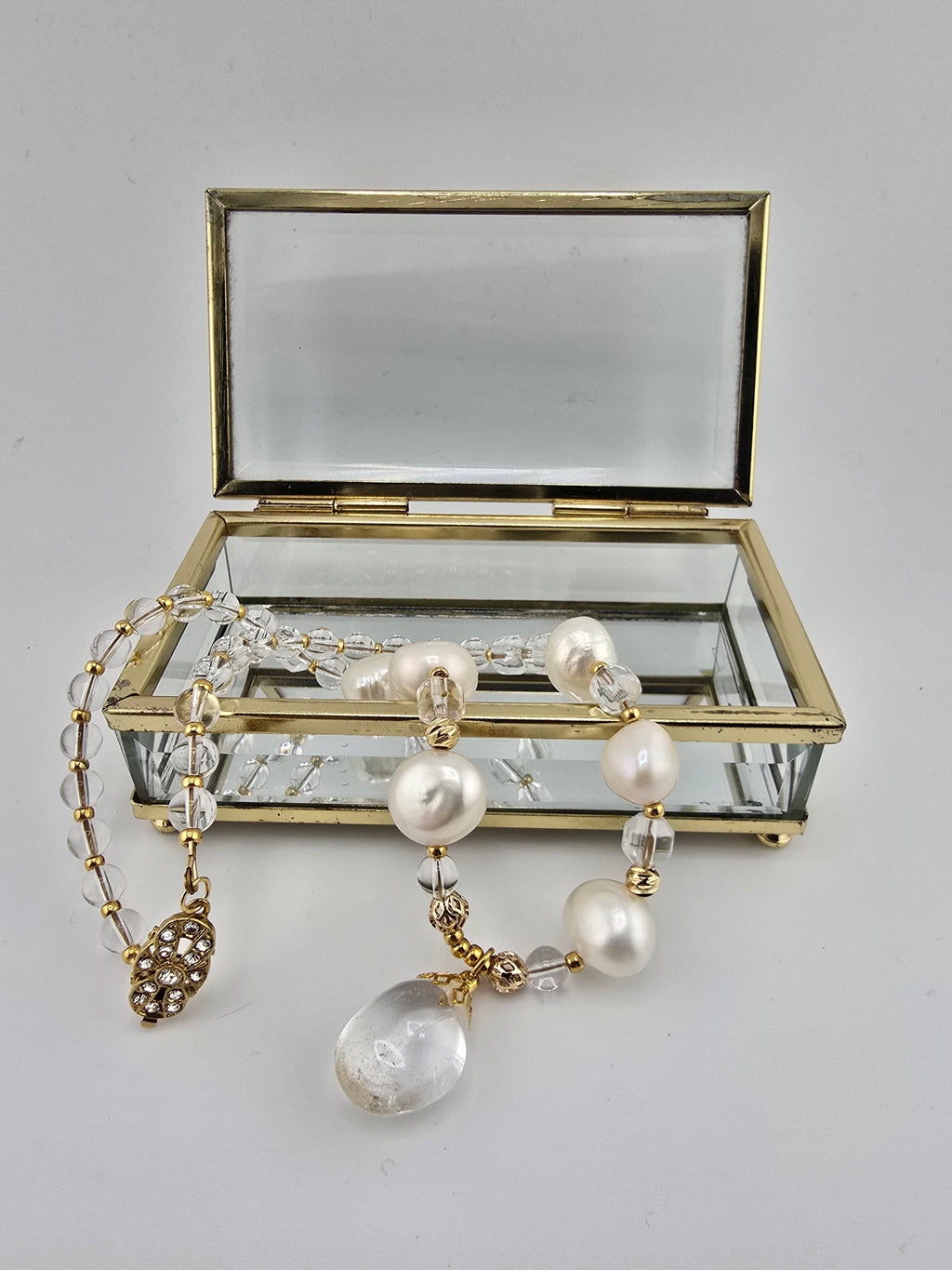 Baroque cultured pearl and rock crystal necklace in its case