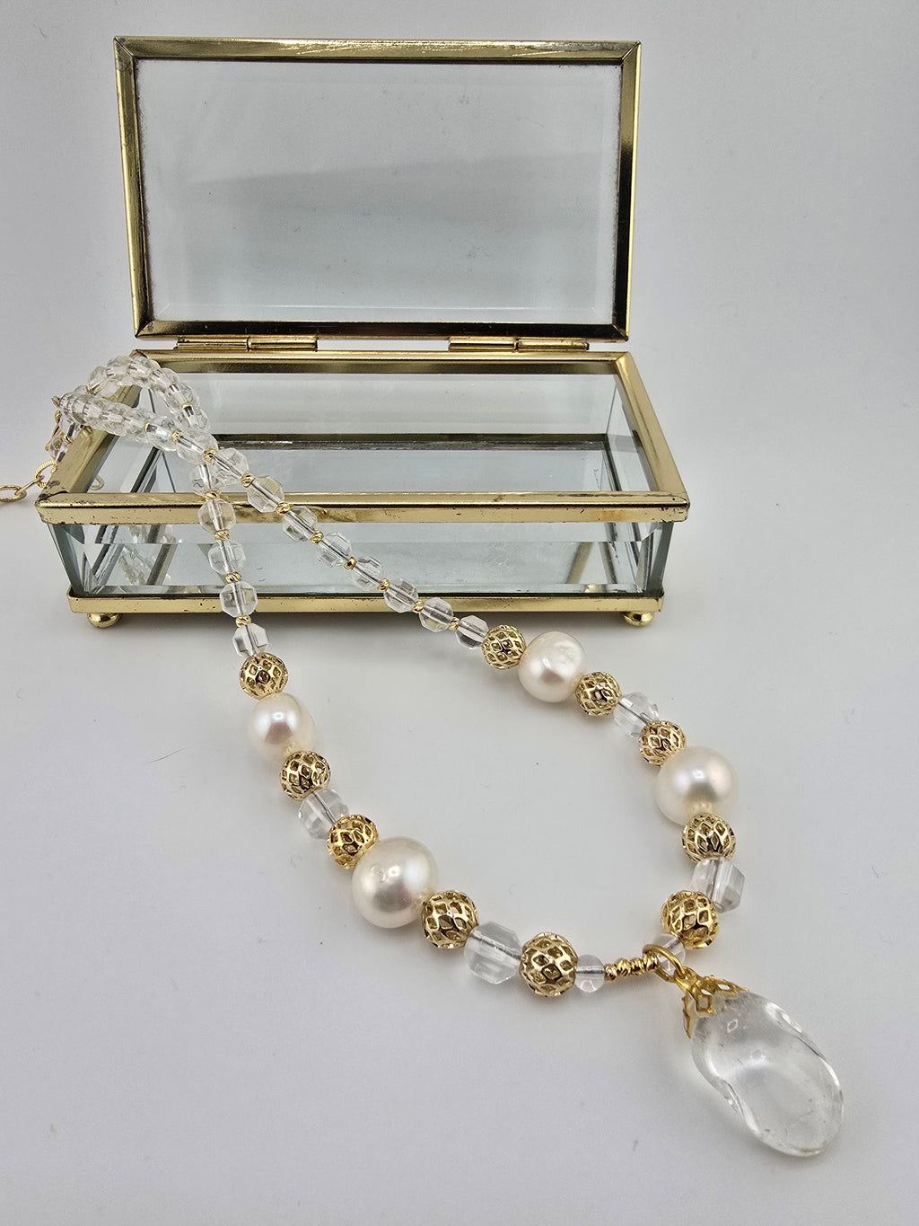 Baroque cultured pearl and rock crystal necklace in its case