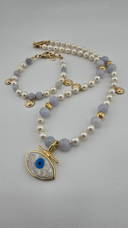 Duo de perles de culture et aigue marine