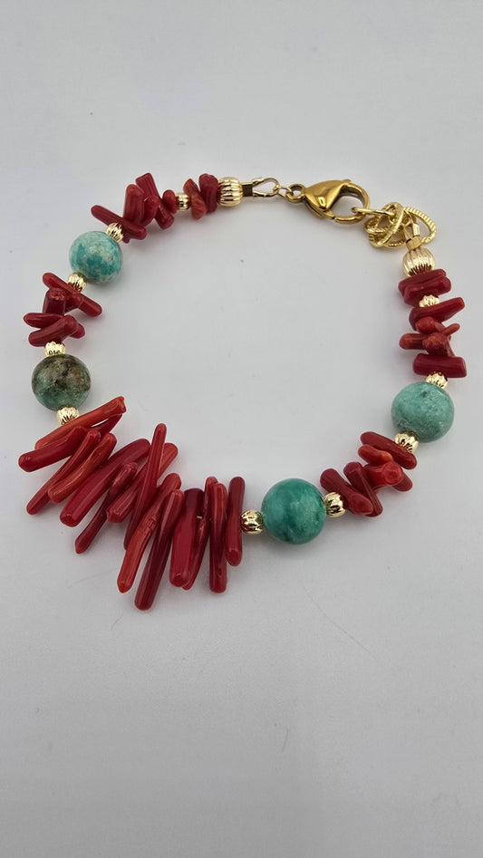 Bracelet en corail rouge et turquoise