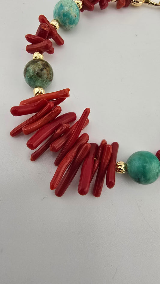 Bracelet en corail rouge et turquoise