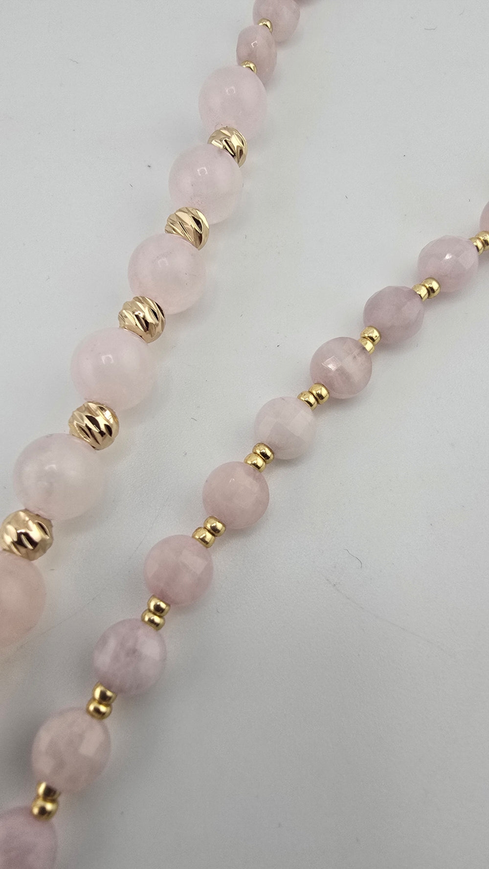 Collier en Quart rose et Améthyste, perles en plaqué or 18K.