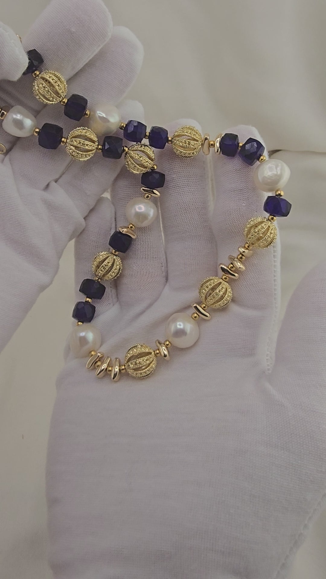Baroque cultured pearl and blue quartz necklace in its case