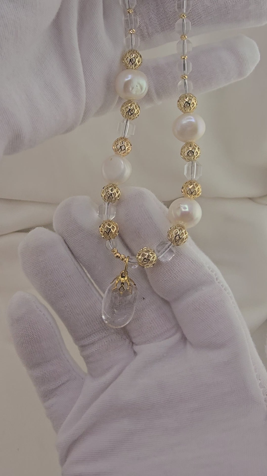 Baroque cultured pearl and rock crystal necklace in its case