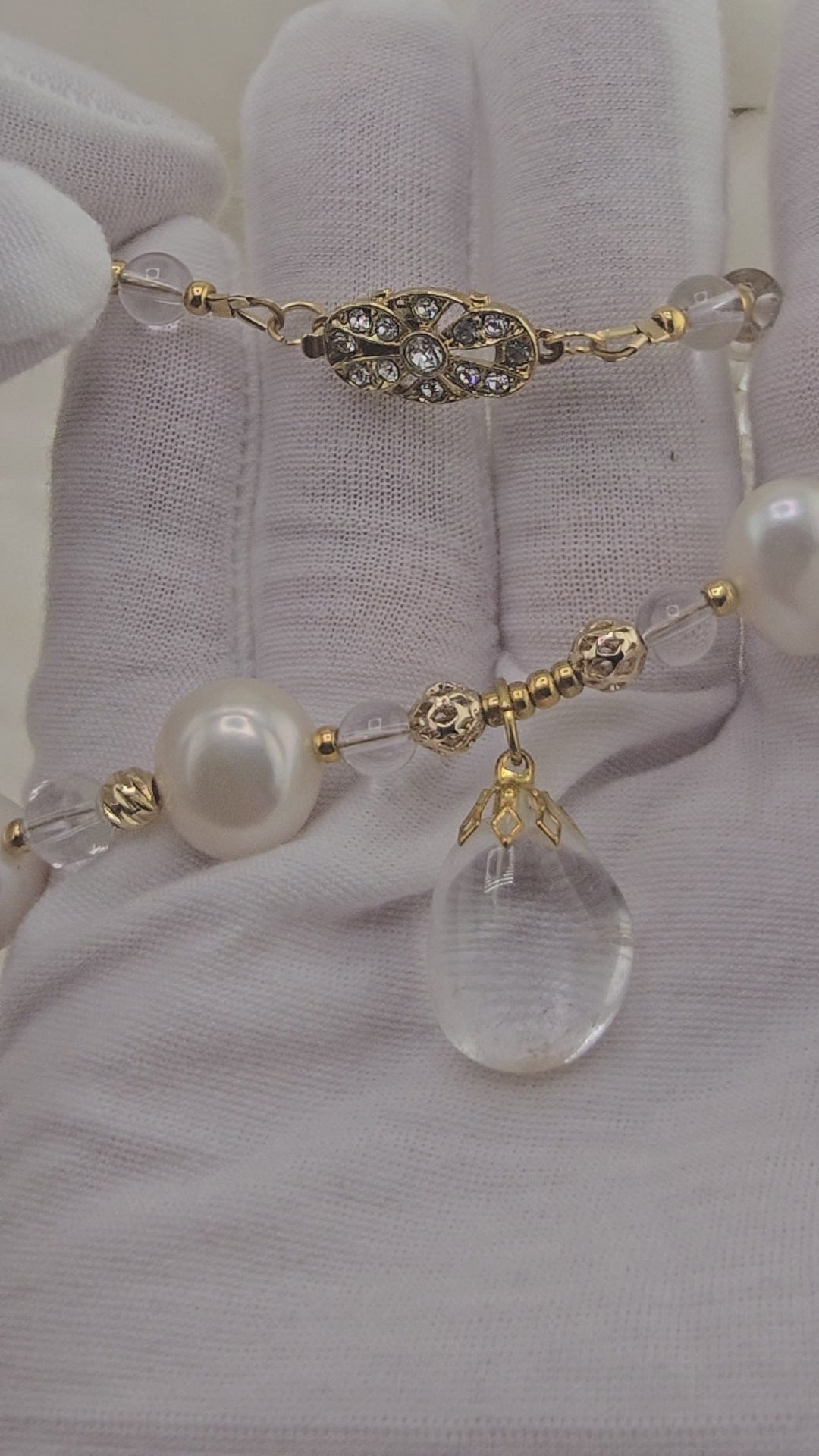 Baroque cultured pearl and rock crystal necklace in its case