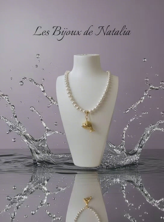 Cultured pearl necklace and fish pendant