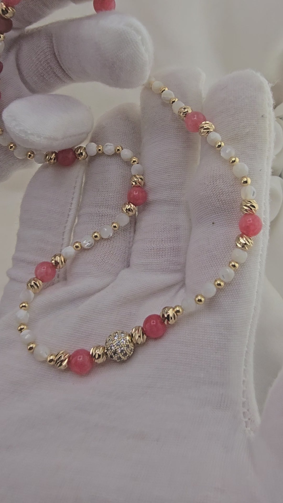 Collier en Nacre et Rhodonite avec perle strass plaqué or 18K