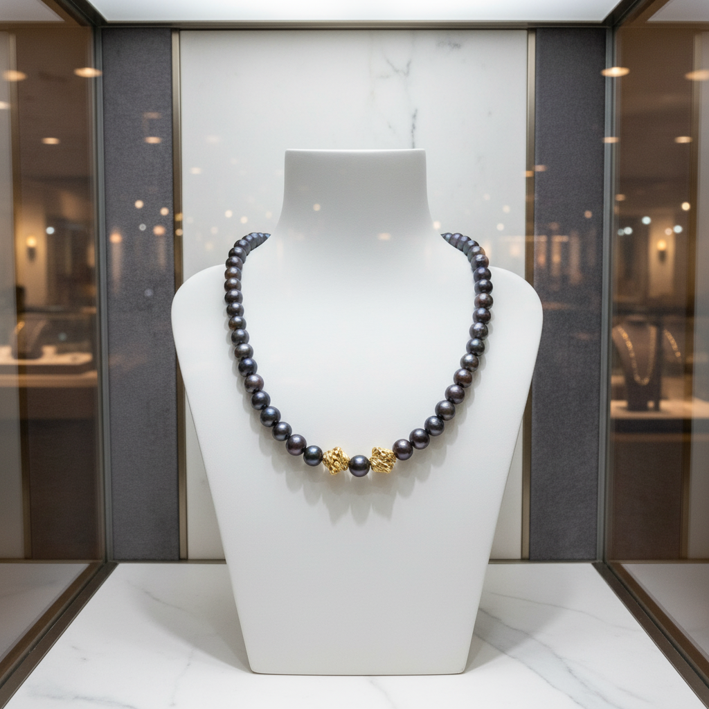 Collier en perles de culture bleu foncé et vermeil