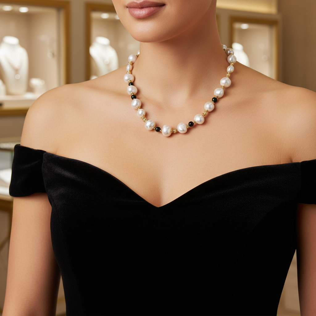 Collier en perles de culture baroque et onyx