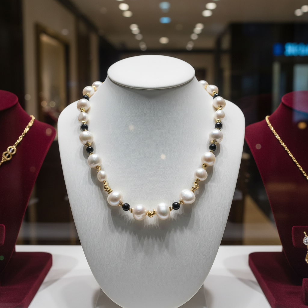 Collier en perles de culture baroque et onyx