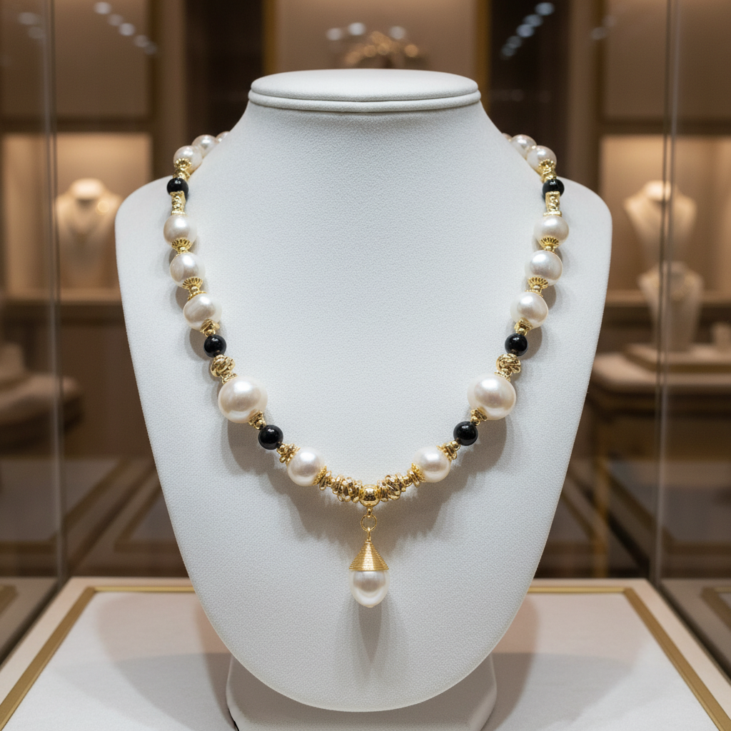 Collier en perles de culture baroque et onyx