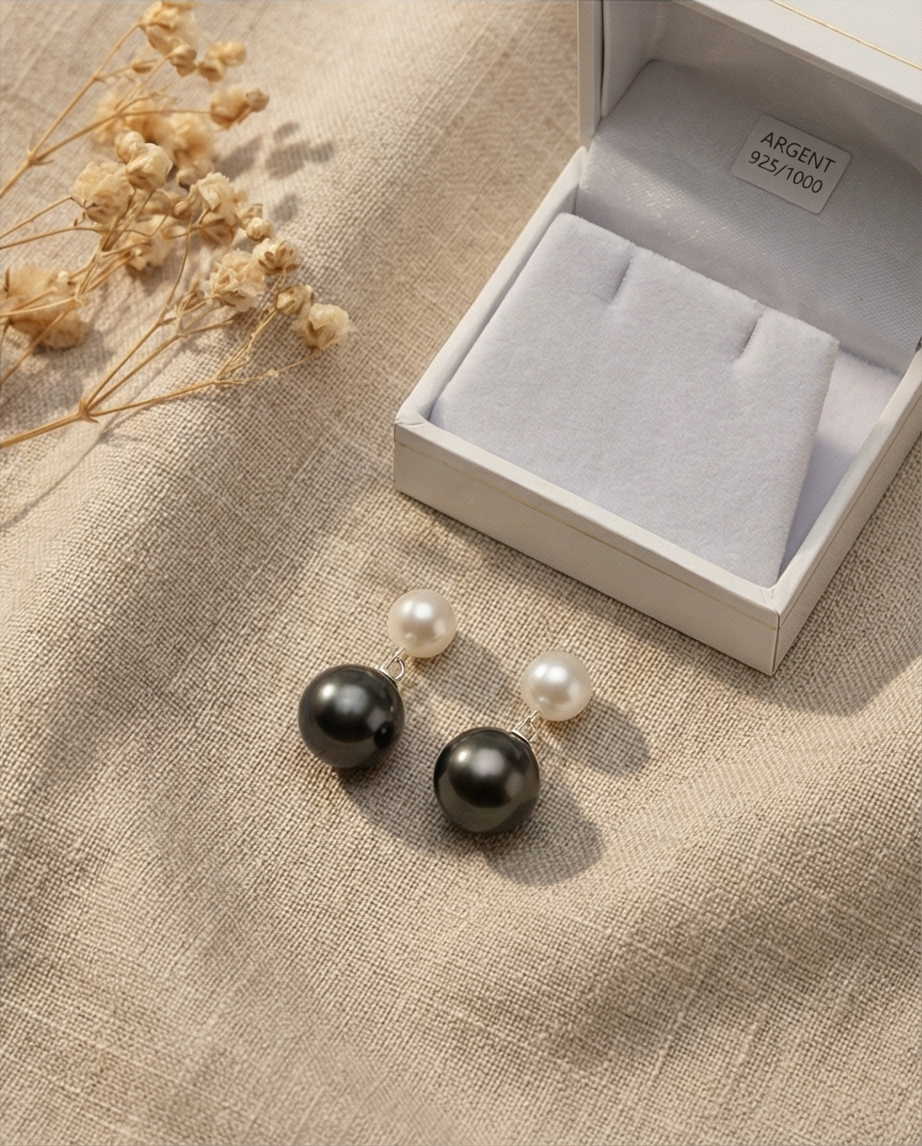 Clair Obscur -  boucles d’oreilles perles de culture blanche 7mm AA et perles de Tahiti 10mm AA+
