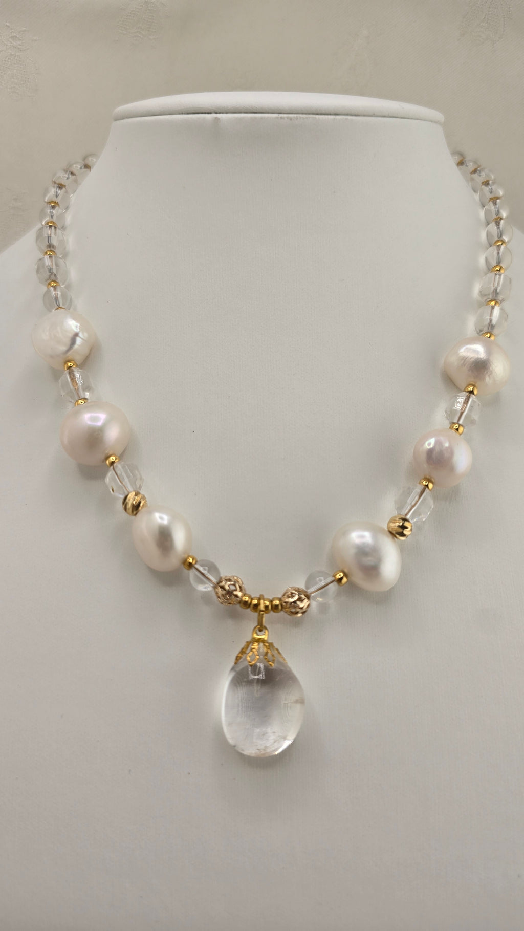 Baroque cultured pearl and rock crystal necklace in its case