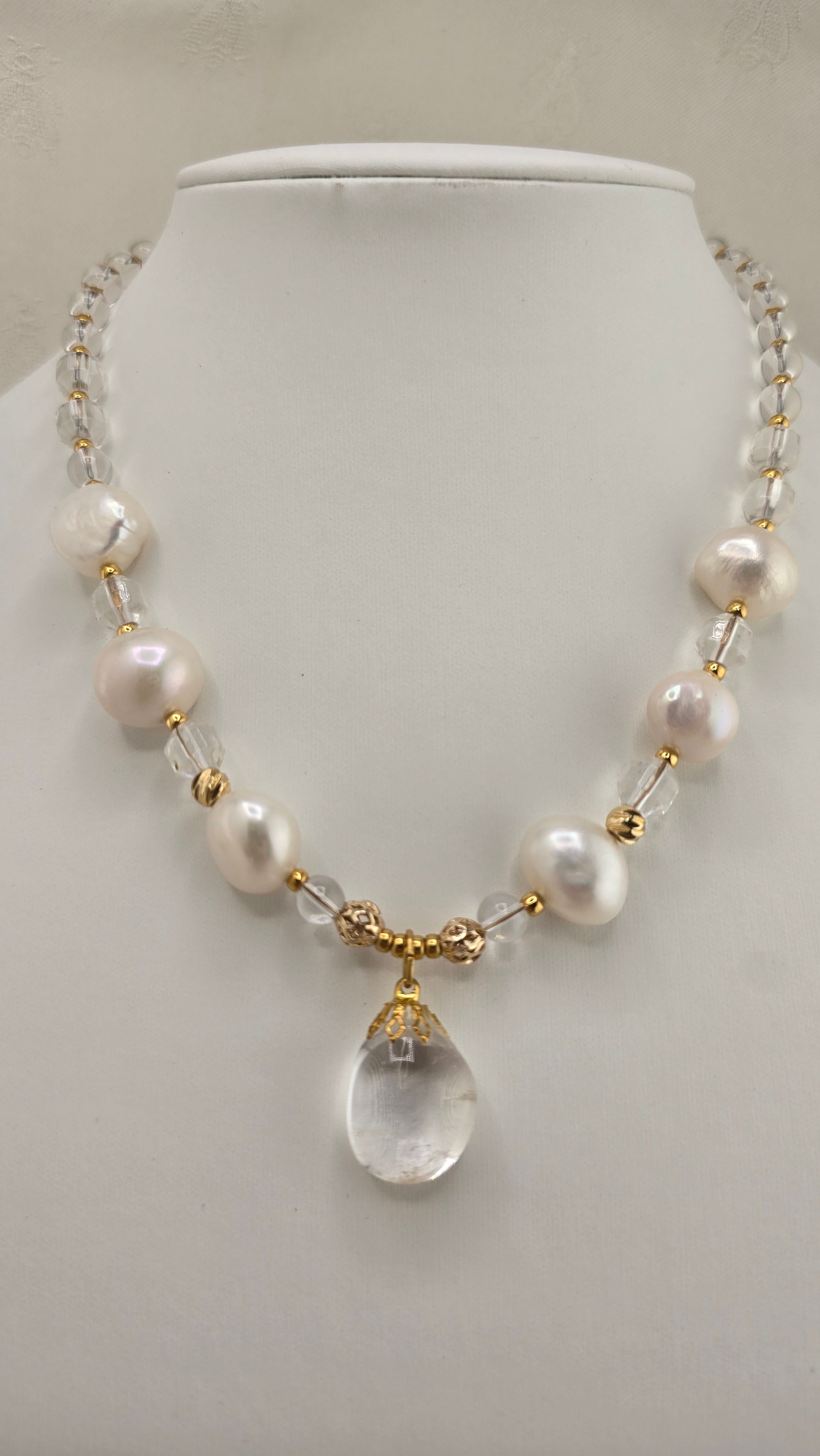 Baroque cultured pearl and rock crystal necklace in its case