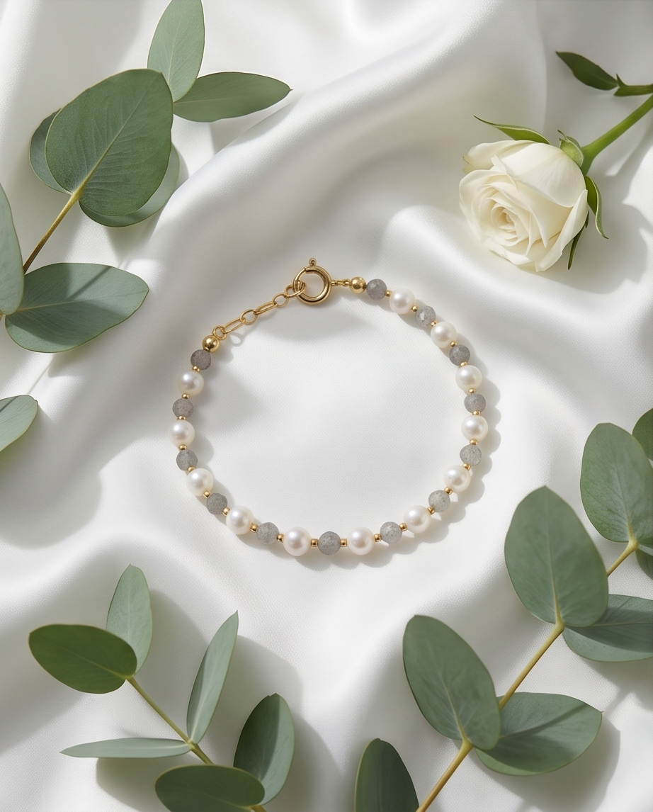 Bracelet or perles de culture,  labradorite - Lumière précieuse