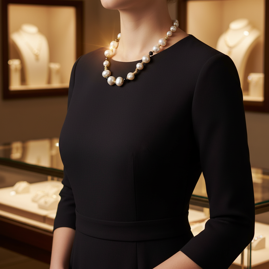 Collier en perles de culture baroque et onyx