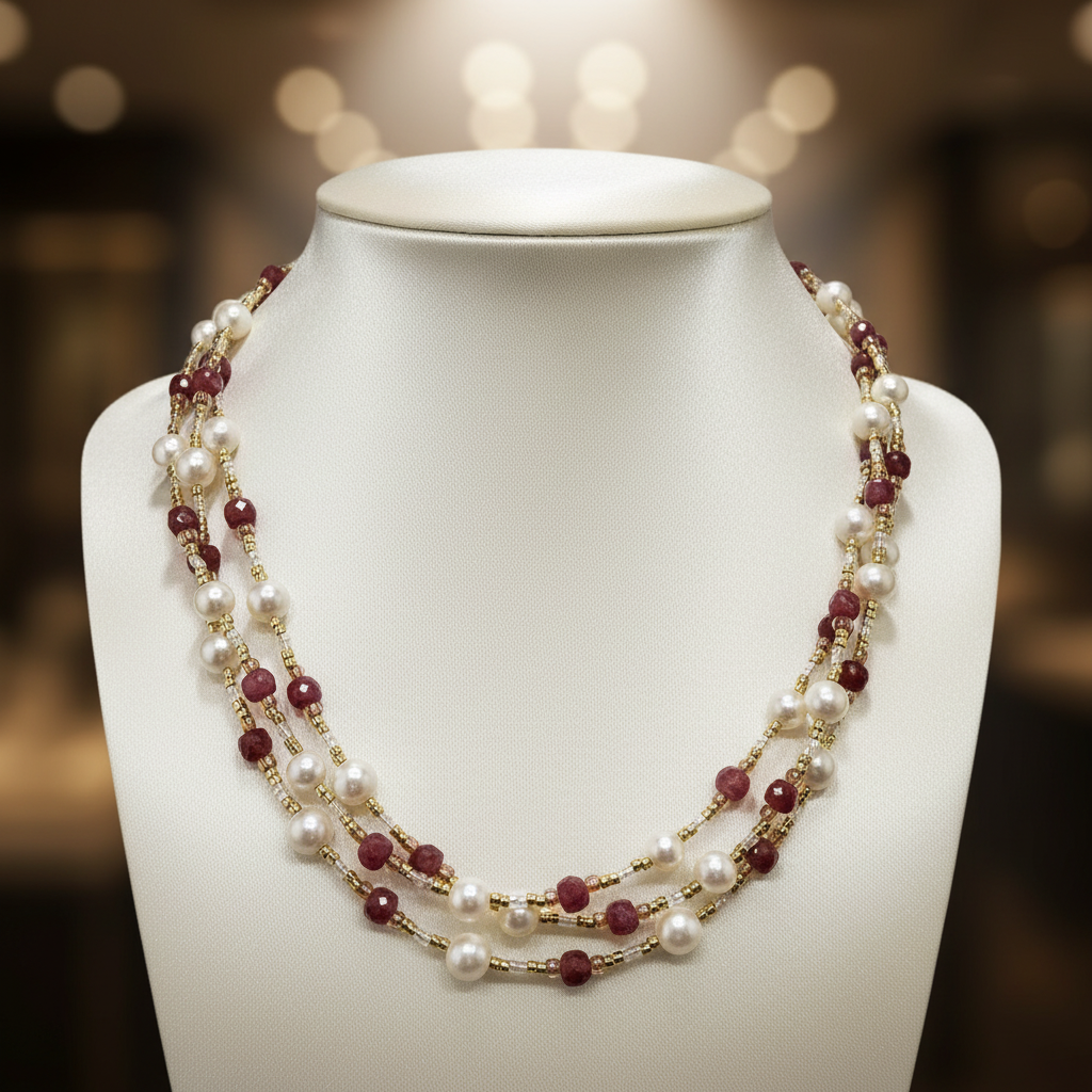 Collier de 3 rangs de perles de culture et rhodonite