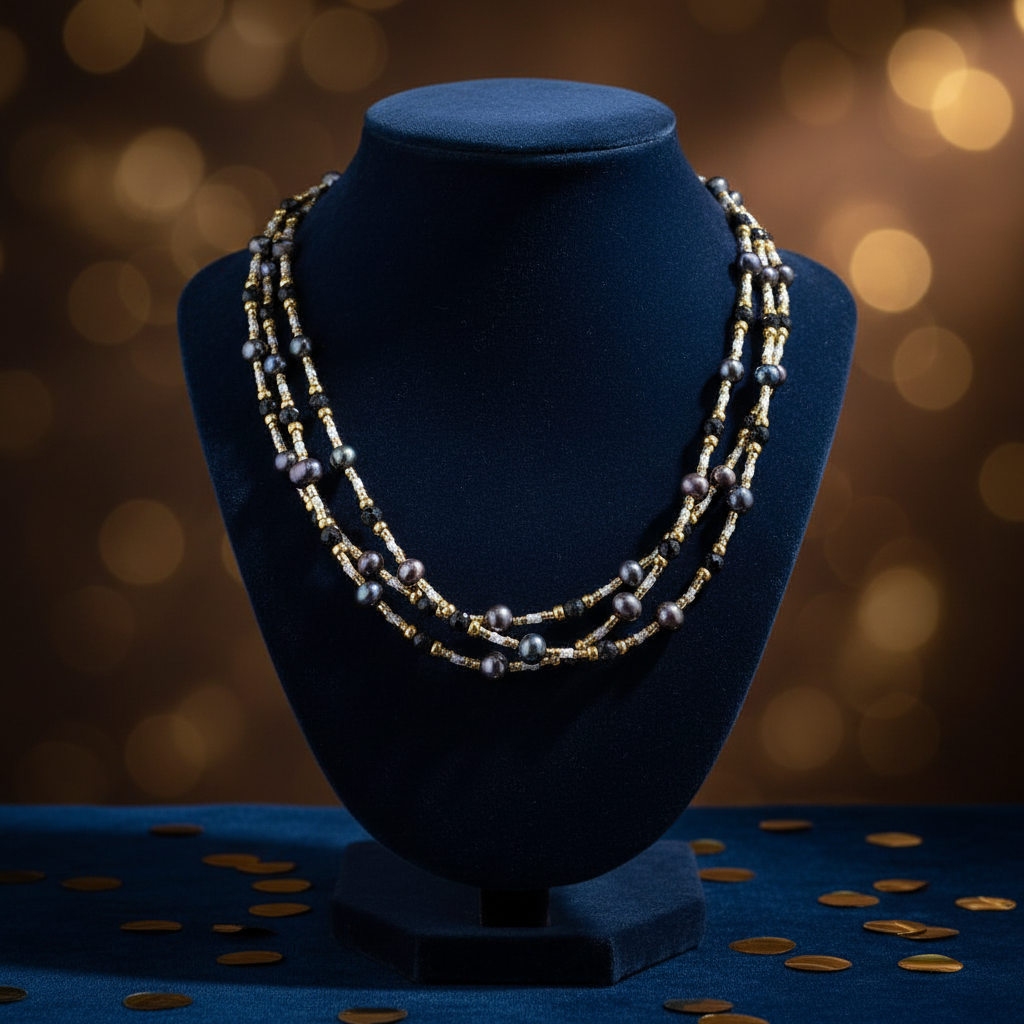 Collier de 3 rangs de perles de culture bleu marine