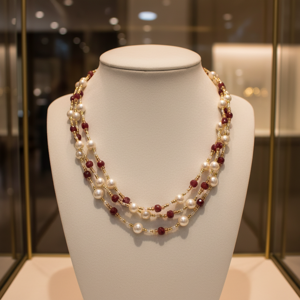 Collier de 3 rangs de perles de culture et rhodonite