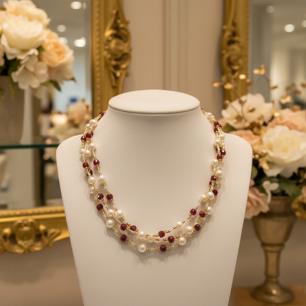 Collier de 3 rangs de perles de culture et rhodonite