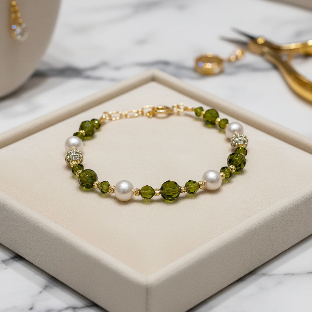 Bracelet en perles de culture et cristal vert