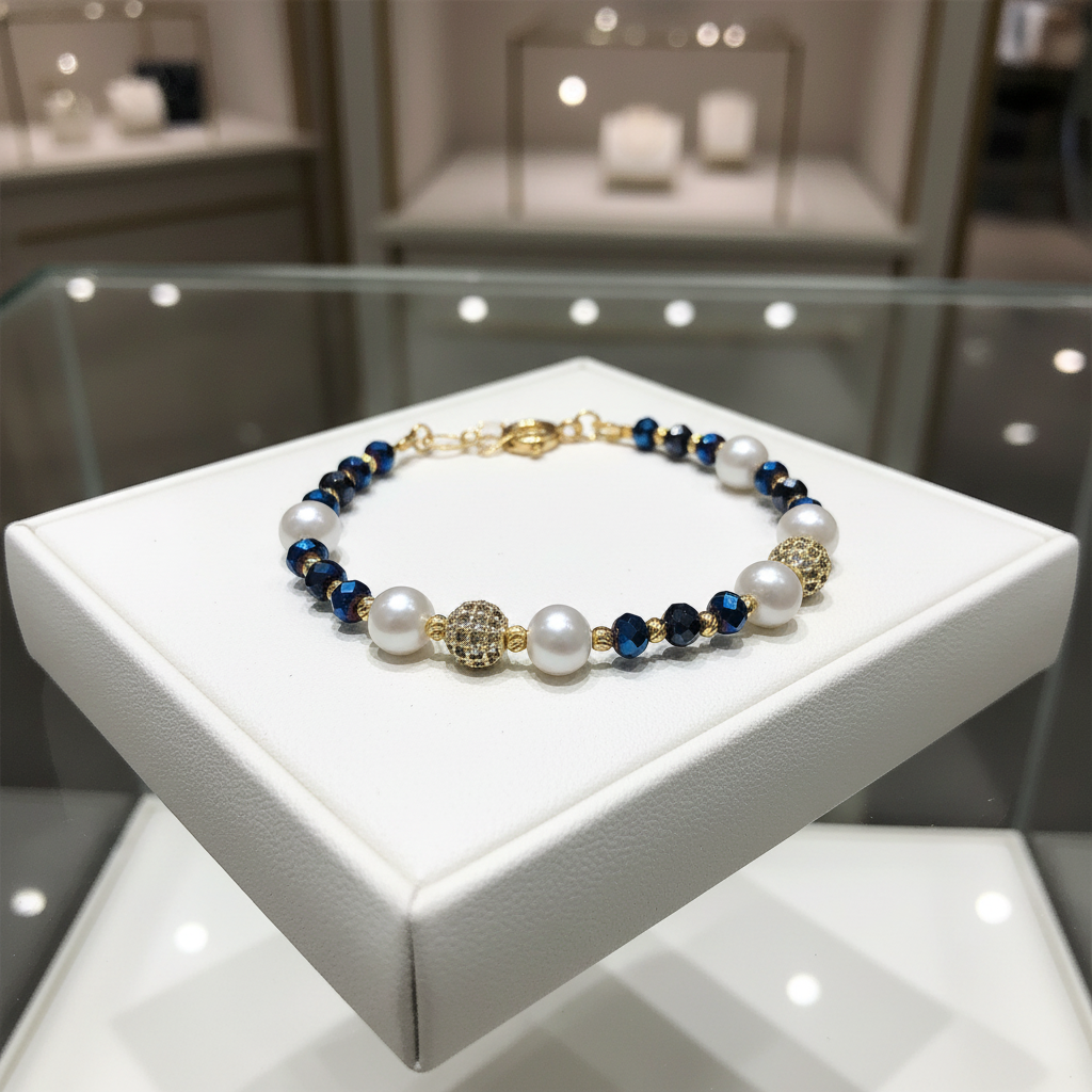 Bracelet en perles de culture et perles en cristal bleu marine