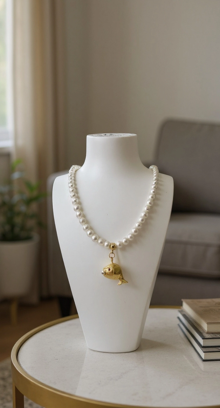 Collier en perles de culture et pendentif poisson