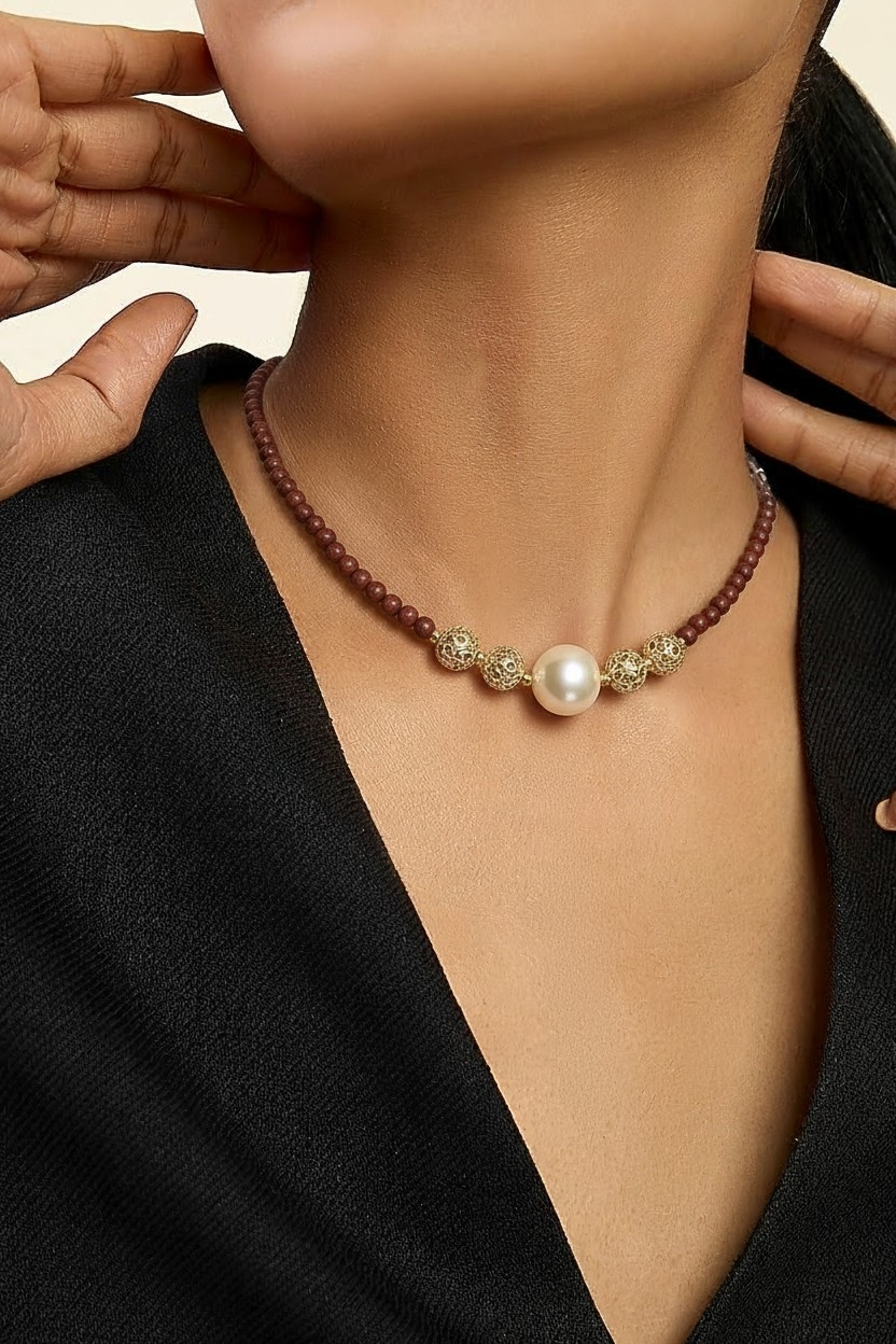 Collier en Jaspe rouge et pendentif perle de culture baroque