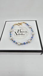 Bracelet en perles de culture et perles de cristal bleu azur