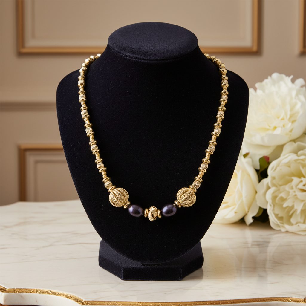 Collier en plaqué or et deux perles de culture bleu marine