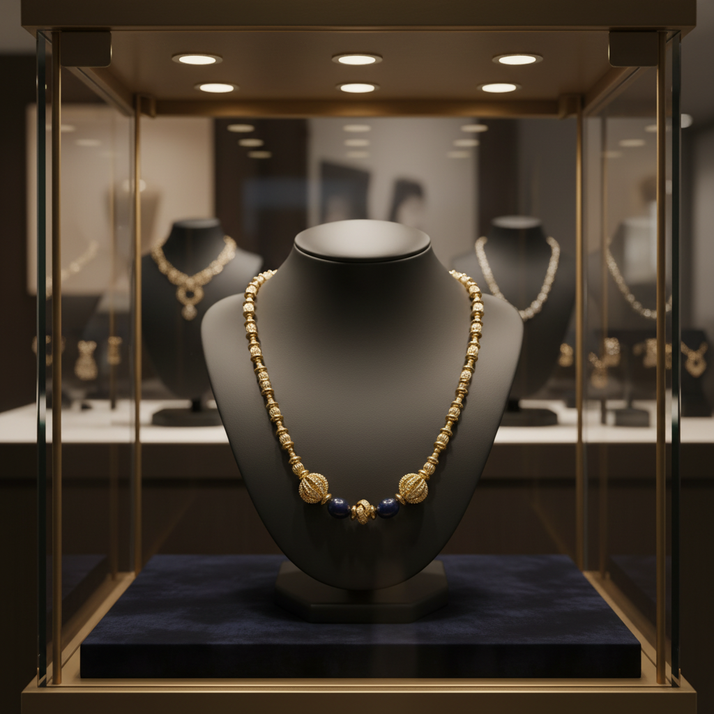 Collier en plaqué or et deux perles de culture bleu marine