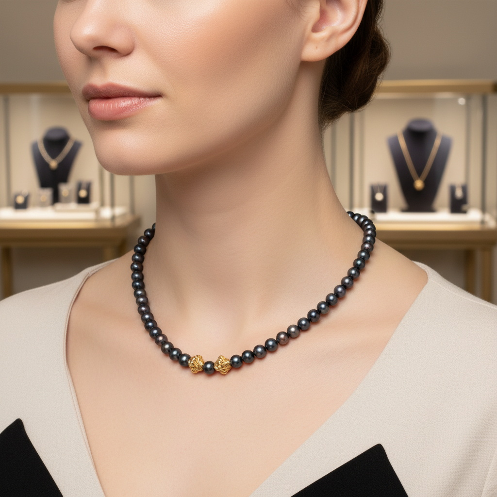 Collier en perles de culture bleu foncé et vermeil