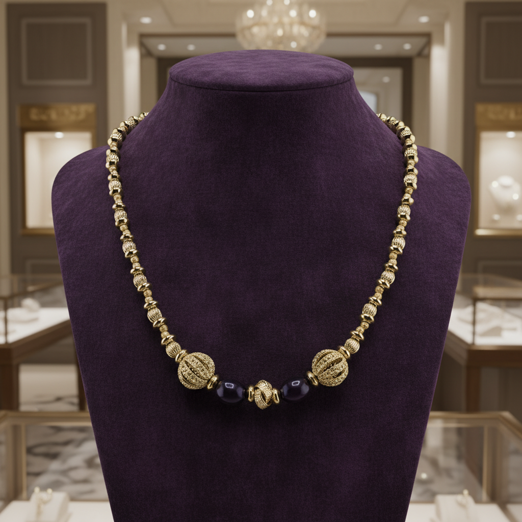 Collier en plaqué or et deux perles de culture bleu marine