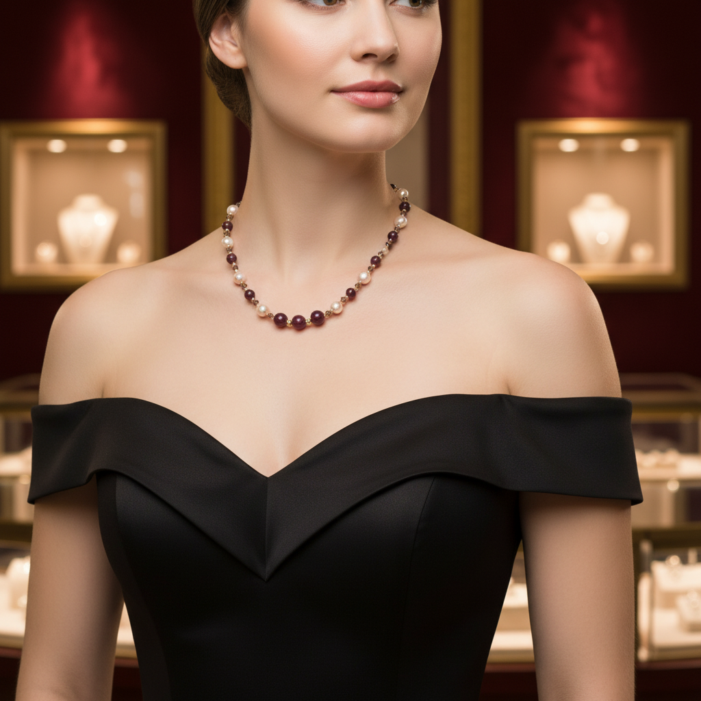 Collier éclat précieux en perles de culture et Rubis