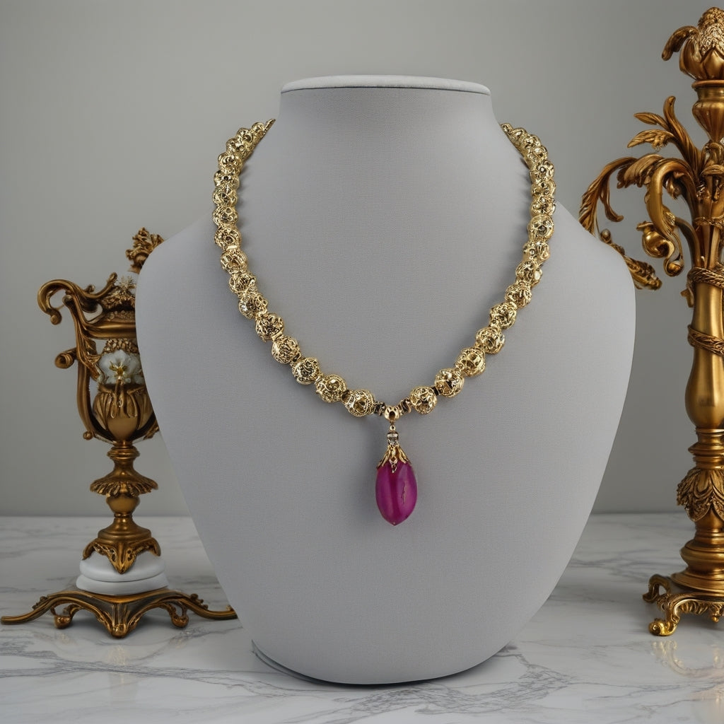 Collier Plaqué or et son pendentif en agate rose