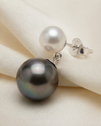 Clair Obscur -  boucles d’oreilles perles de culture blanche 7mm AA et perles de Tahiti 10mm AA+