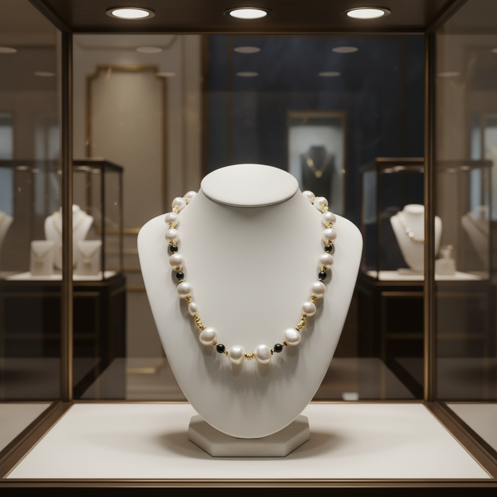 Collier en perles de culture baroque et onyx