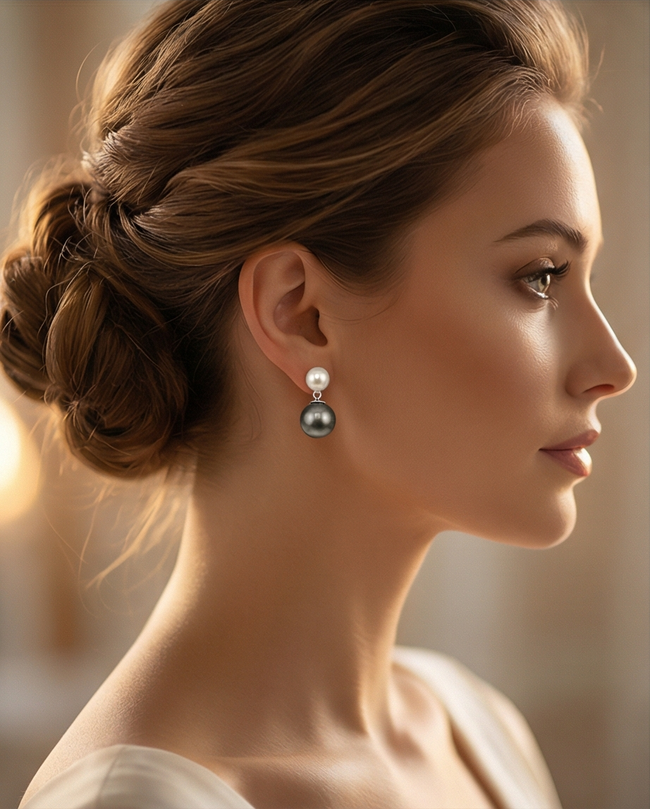 Clair Obscur -  boucles d’oreilles perles de culture blanche 7mm AA et perles de Tahiti 10mm AA+