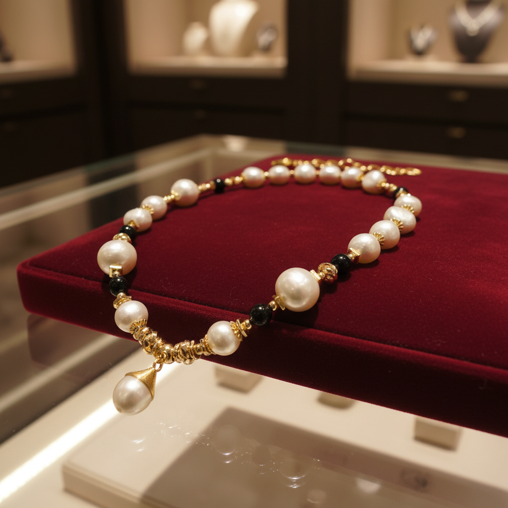 Collier en perles de culture baroque et onyx