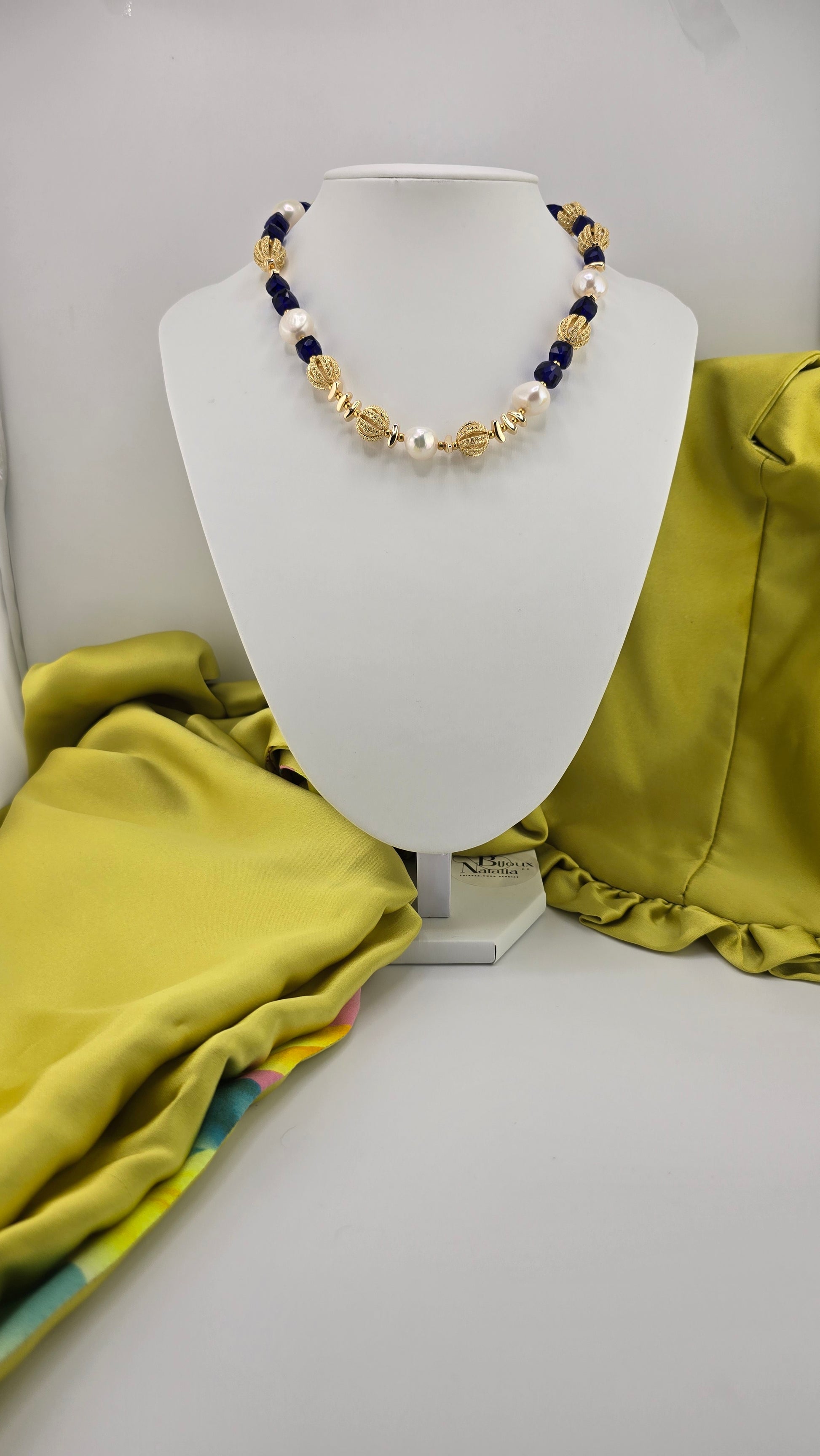 Baroque cultured pearl and blue quartz necklace in its case