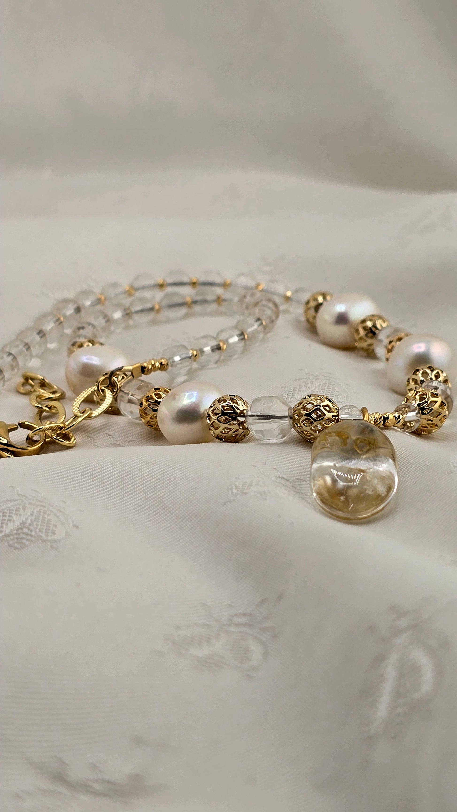 Baroque cultured pearl and rock crystal necklace in its case