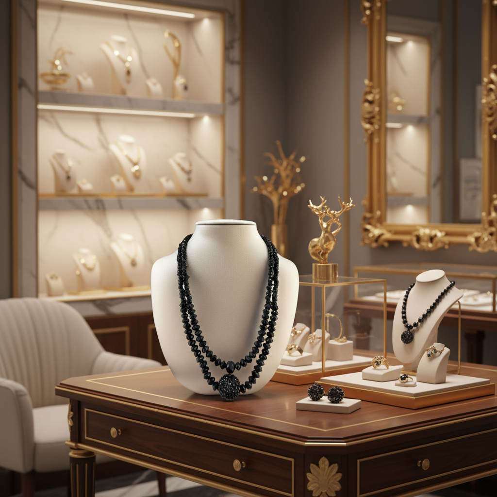 Collier double rangs en perles de cristal noir