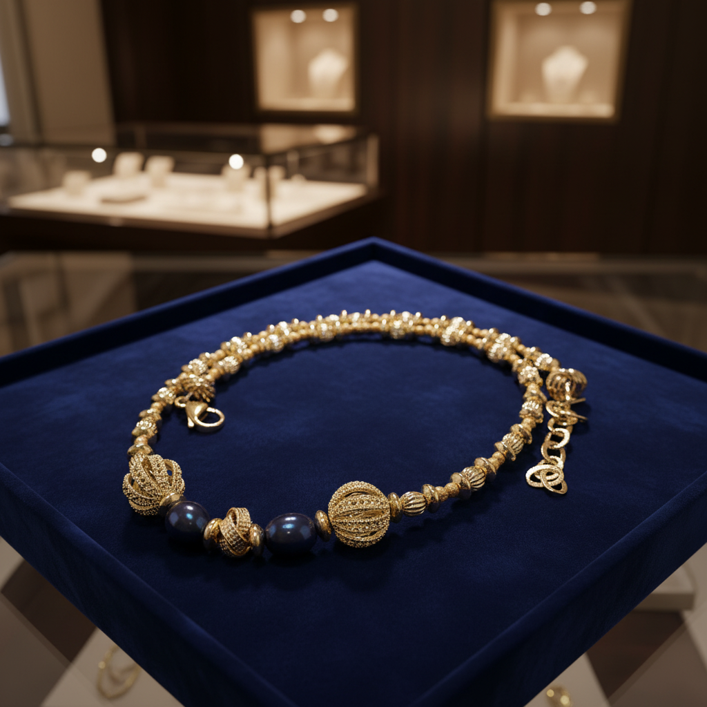 Collier en plaqué or et deux perles de culture bleu marine