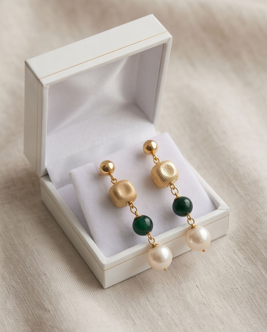 Boucles d'oreilles perles en GF, Emeraude et Perles de culture - Emeraude Heritage