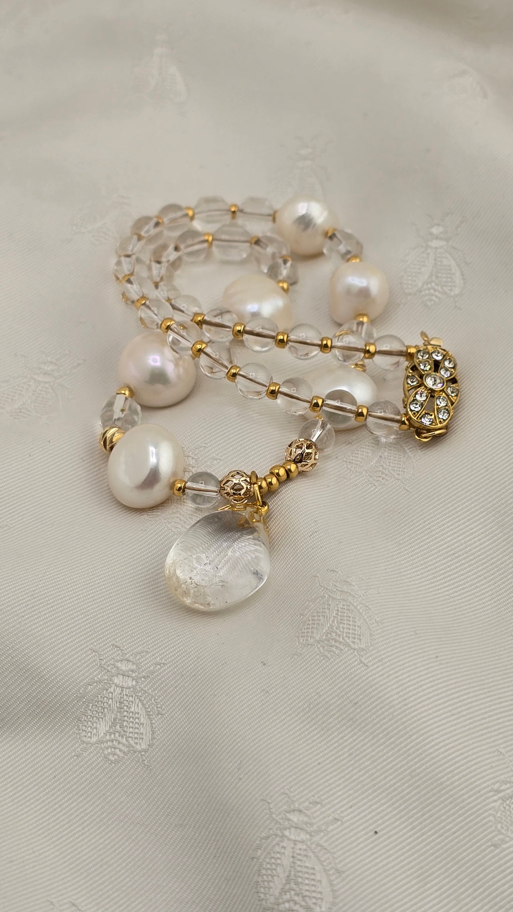 Baroque cultured pearl and rock crystal necklace in its case