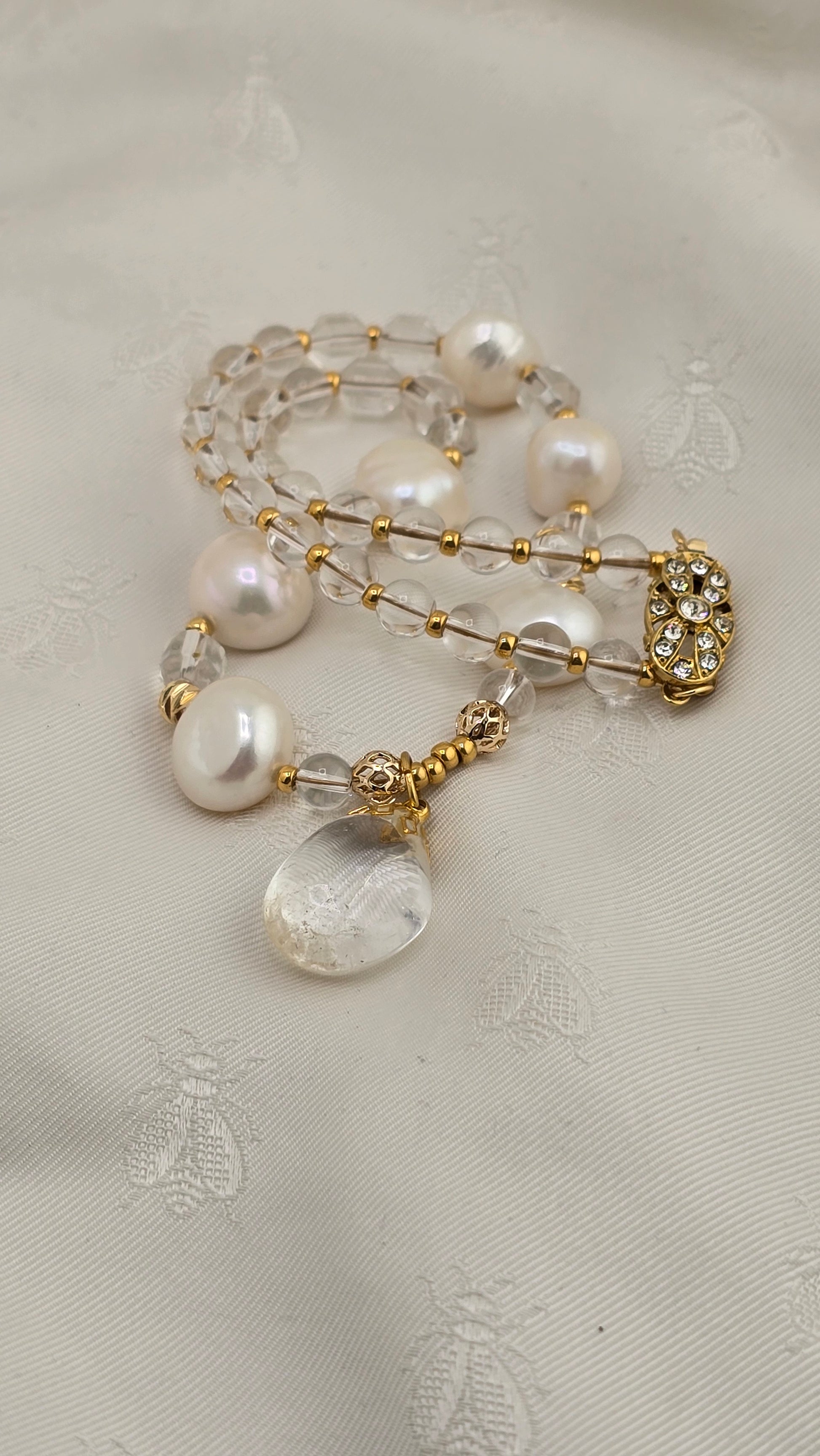 Baroque cultured pearl and rock crystal necklace in its case