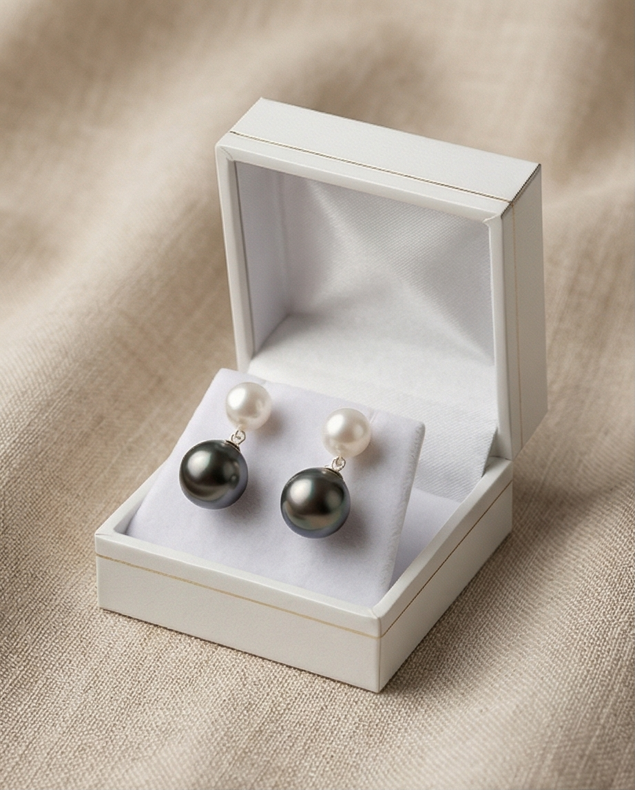 Clair Obscur -  boucles d’oreilles perles de culture blanche 7mm AA et perles de Tahiti 10mm AA+